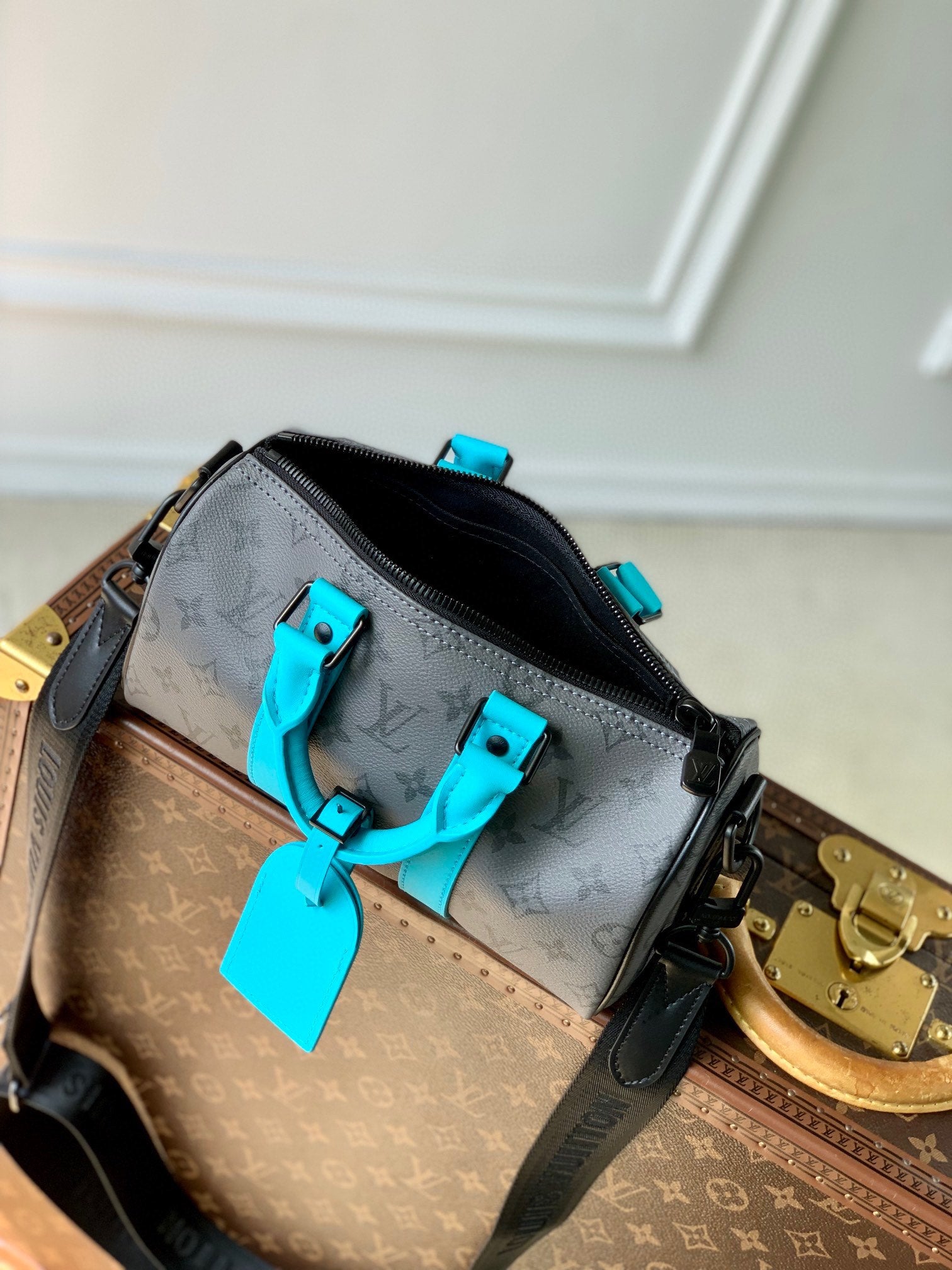 Louis Vuitton Grey Monogram Print Mini Duffle Bag with Turquoise Trim