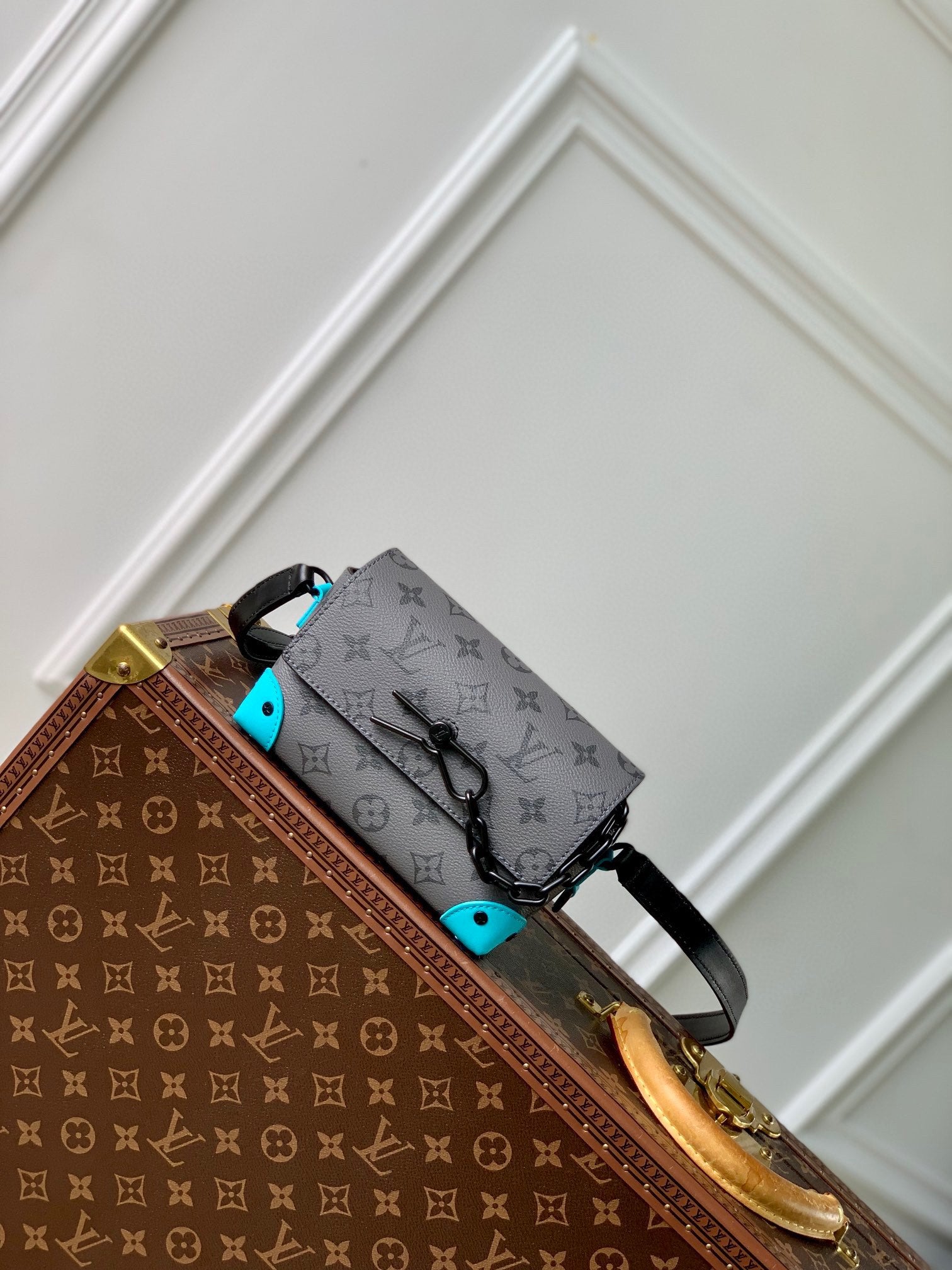 Louis Vuitton Grey Monogram Mini Trunk Crossbody Bag with Blue Accents