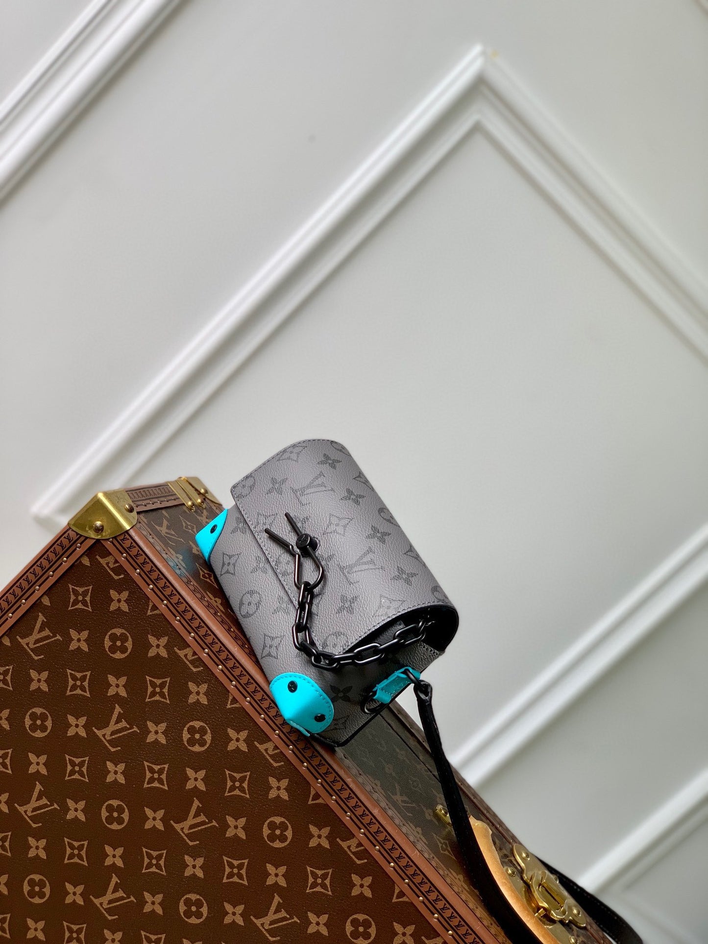Louis Vuitton Grey Monogram Mini Trunk Crossbody Bag with Blue Accents