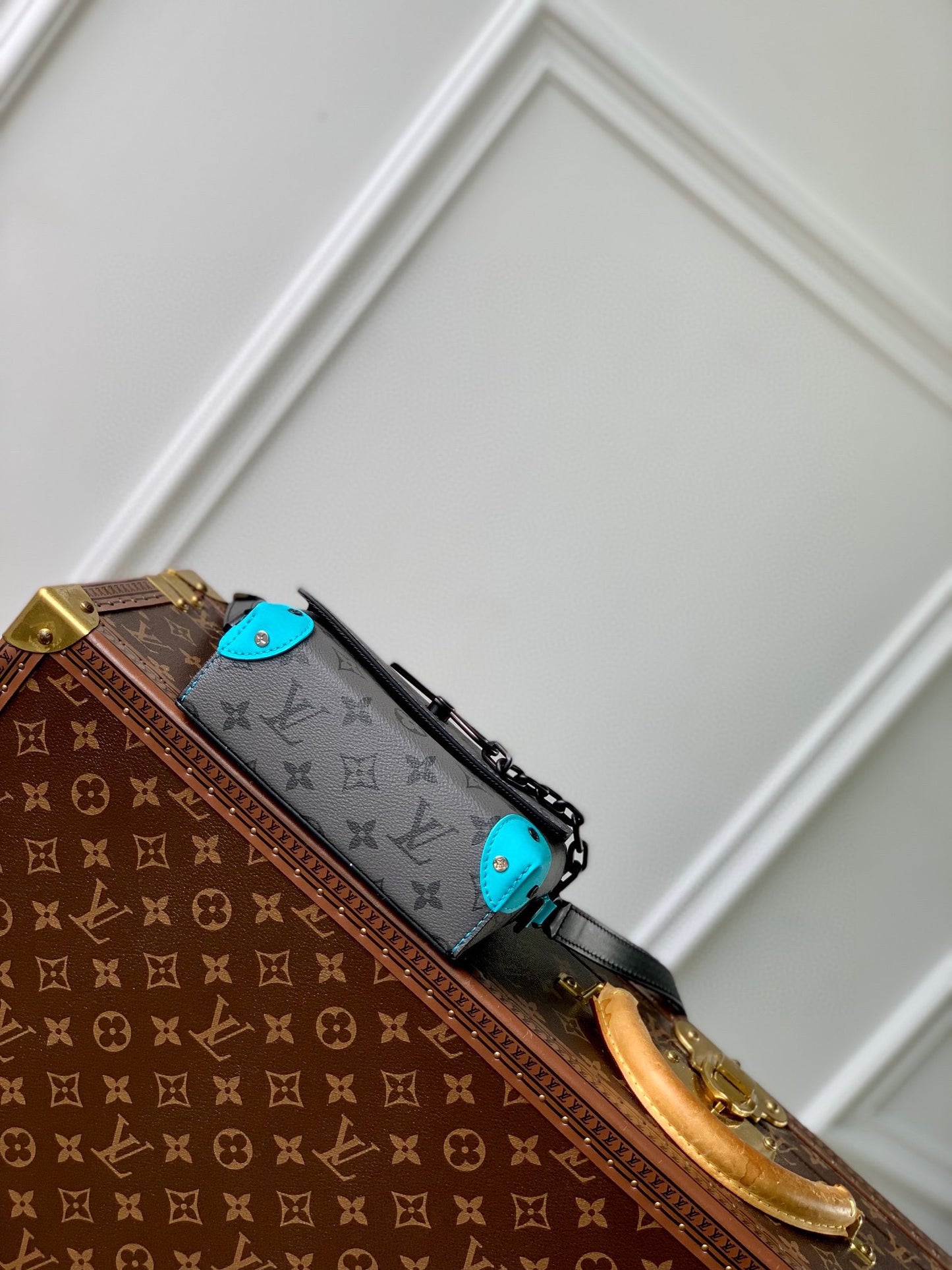 Louis Vuitton Grey Monogram Mini Trunk Crossbody Bag with Blue Accents