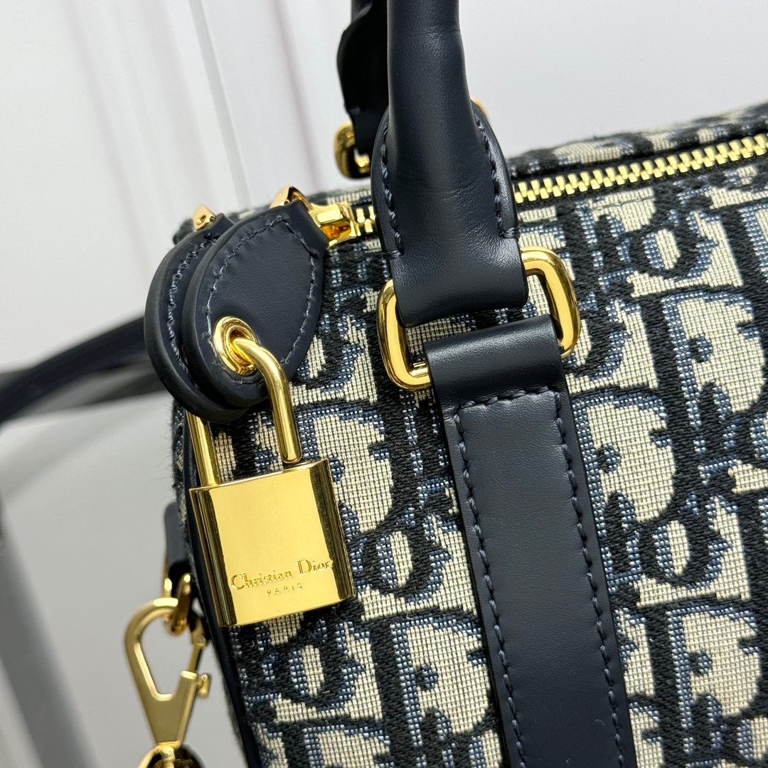 Dior Blue Monogram Canvas Mini Boston Bag with Leather Shoulder Strap