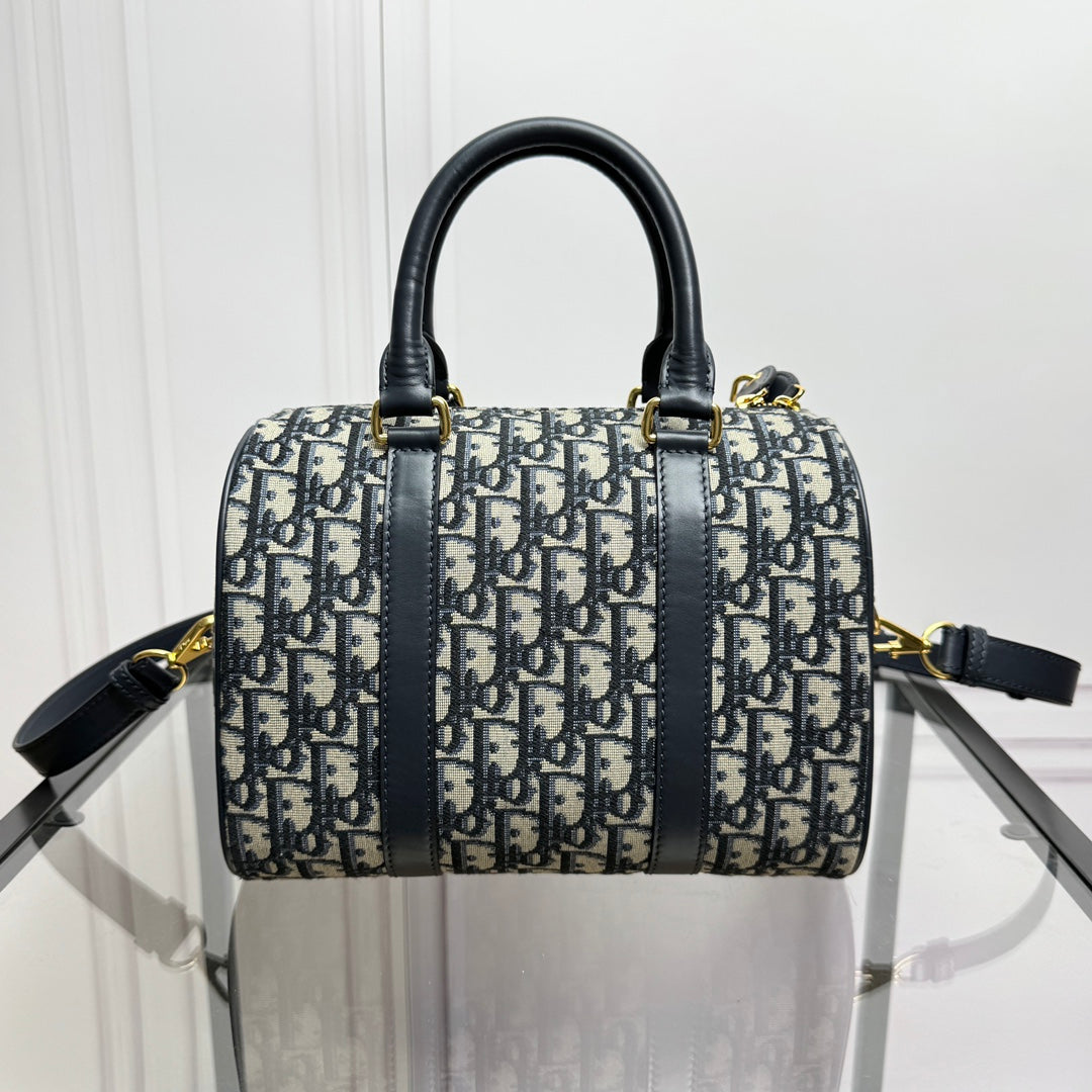 Dior Navy Blue Monogram Canvas Boston Bag with Leather Trim