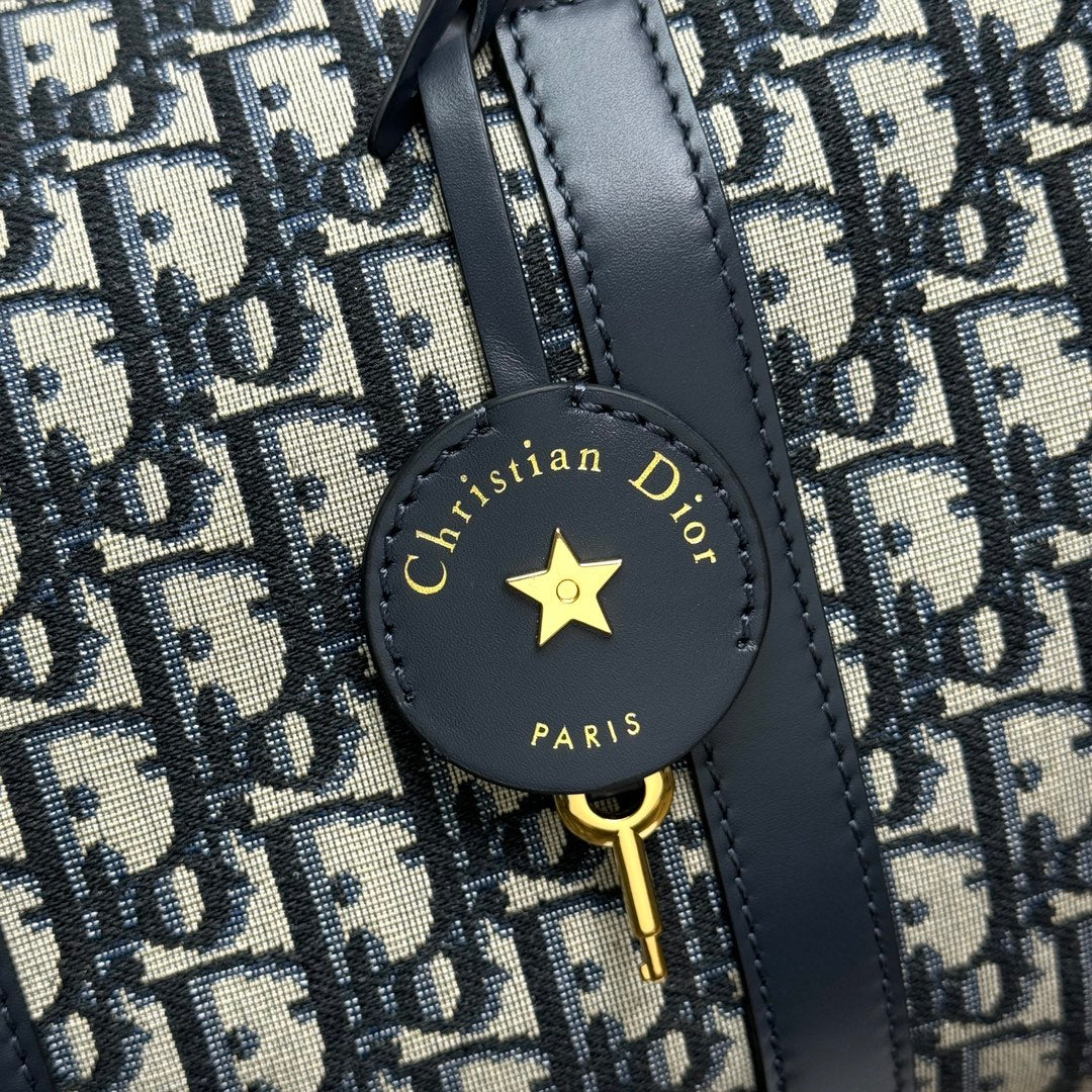 Dior Navy Blue Monogram Canvas Boston Bag with Leather Trim