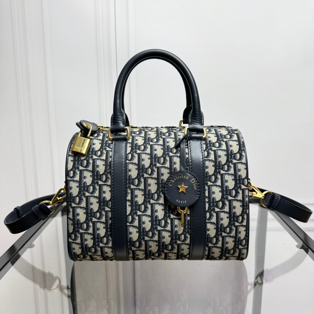 Dior Navy Blue Monogram Canvas Boston Bag with Leather Trim