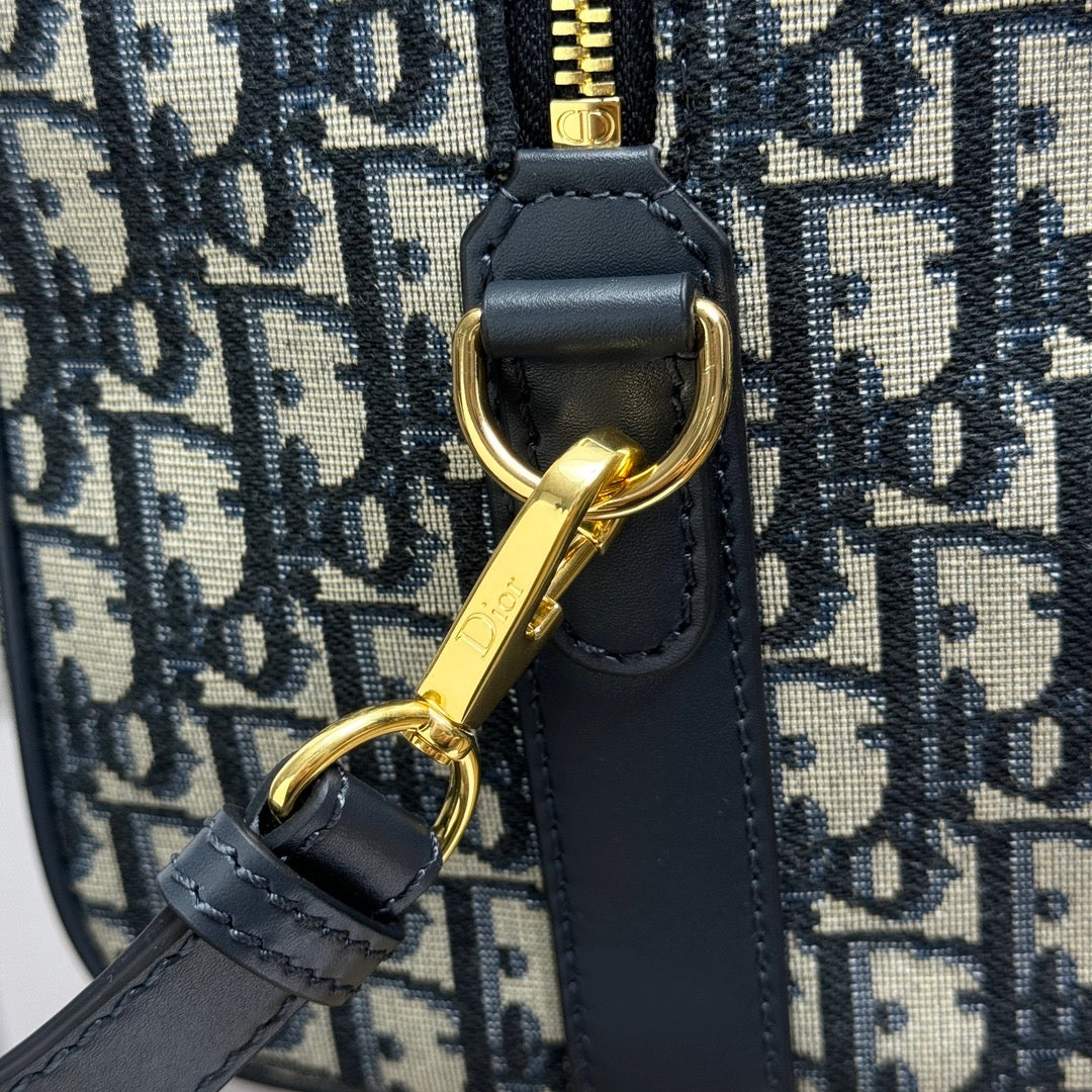 Dior Navy Blue Monogram Canvas Boston Bag with Leather Trim