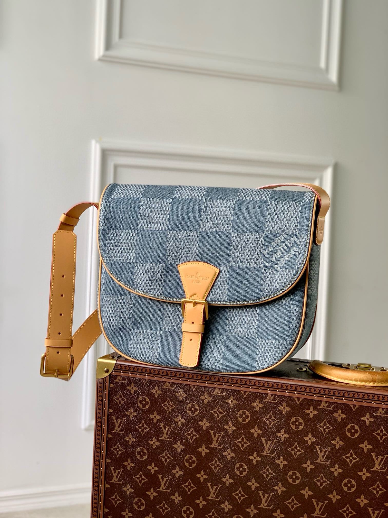 Louis Vuitton Blue Denim Checkerboard Crossbody Saddle Bag with Leather Strap