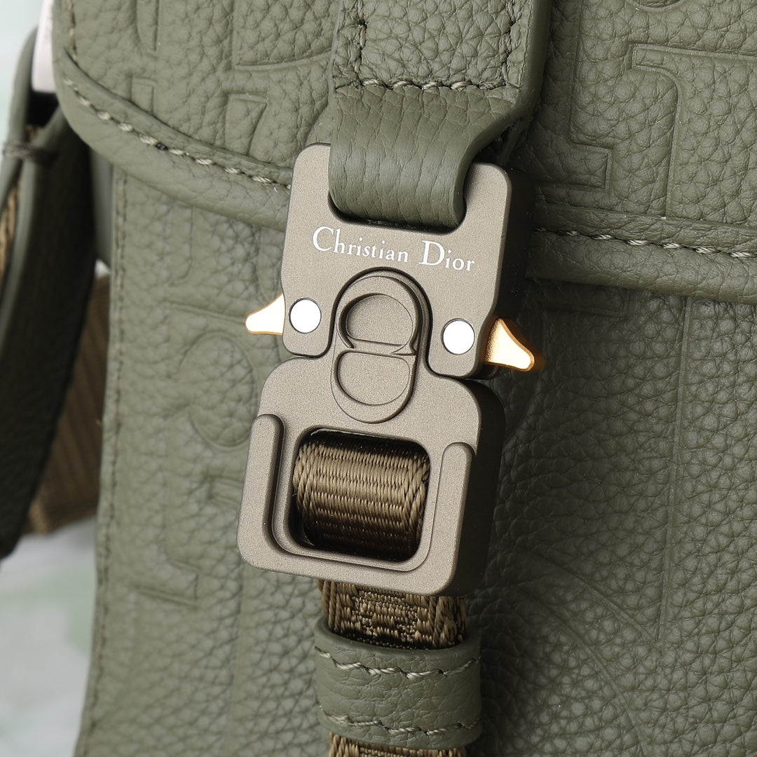 Dior Olive Green Embossed Leather Crossbody Messenger Bag with Buckles