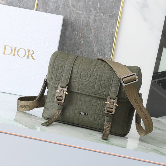 Dior Olive Green Embossed Leather Crossbody Messenger Bag with Buckles