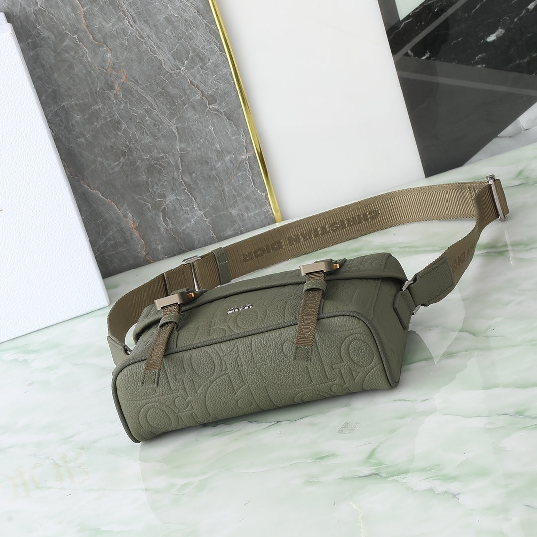 Dior Olive Green Embossed Leather Crossbody Messenger Bag with Buckles