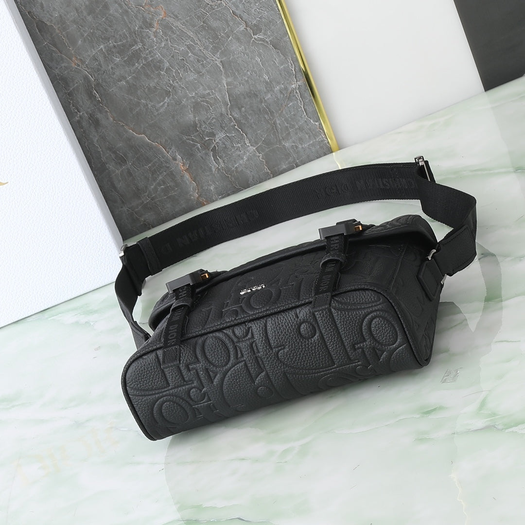 Dior Modern Black Embossed Crossbody Messenger Bag with Tactical Buckles