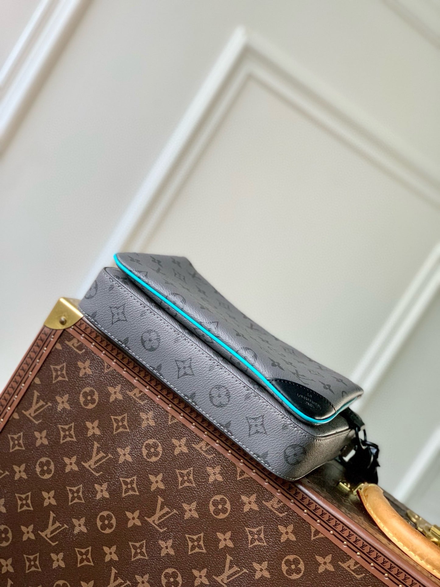 Louis Vuitton Grey Monogram Messenger Bag with Turquoise Trim and Mini Pouch