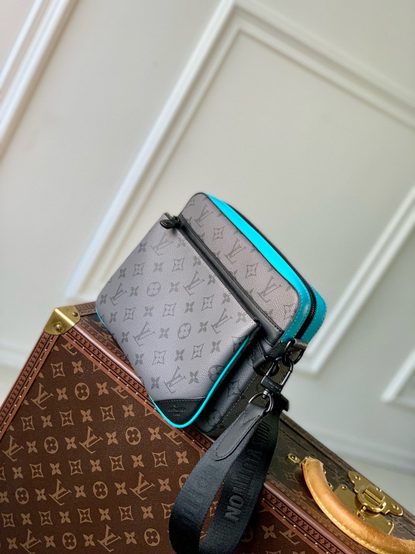 Louis Vuitton Grey Monogram Messenger Bag with Turquoise Trim and Mini Pouch
