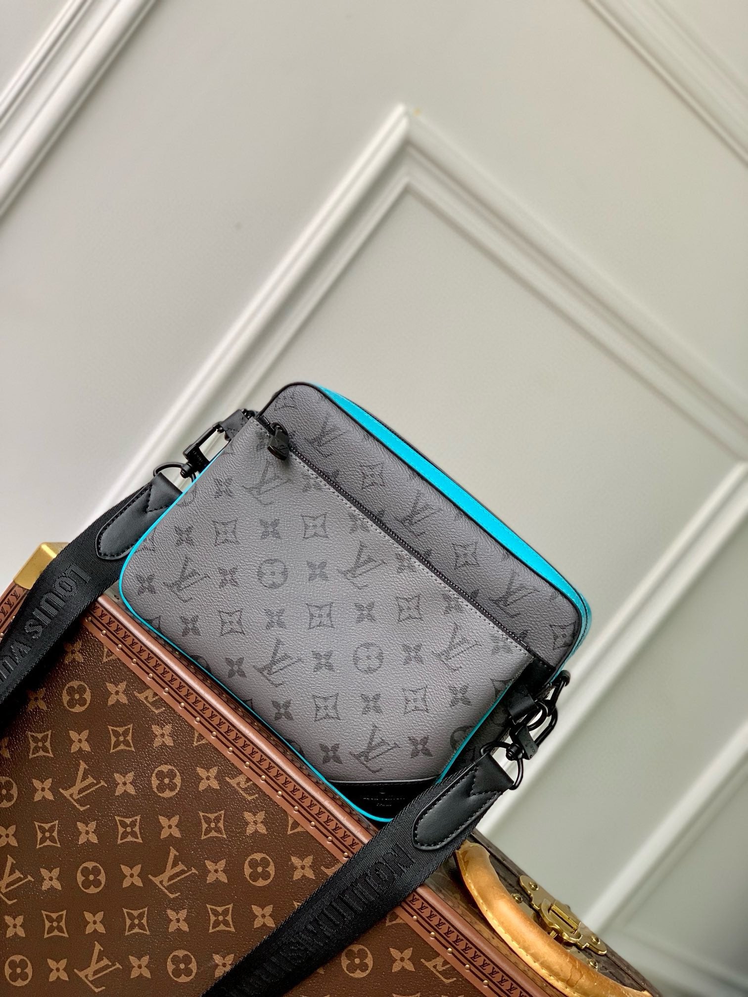 Louis Vuitton Grey Monogram Messenger Bag with Turquoise Trim and Mini Pouch