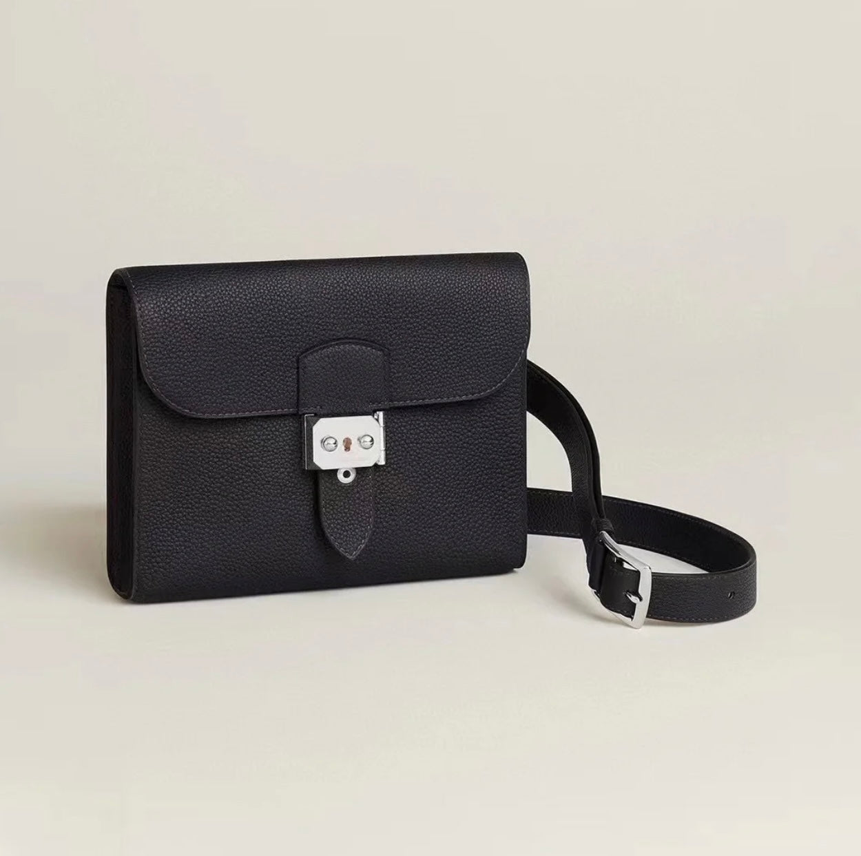 Luxury Black Leather Belt Bag - Compact Crossbody Waist Pouch with Silver Buckle