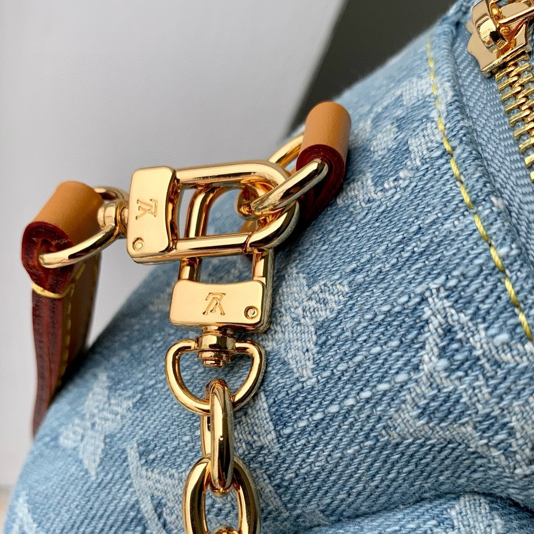 Louis Vuitton Light Blue Denim Monogram Crossbody Bag with Gold Chain Strap