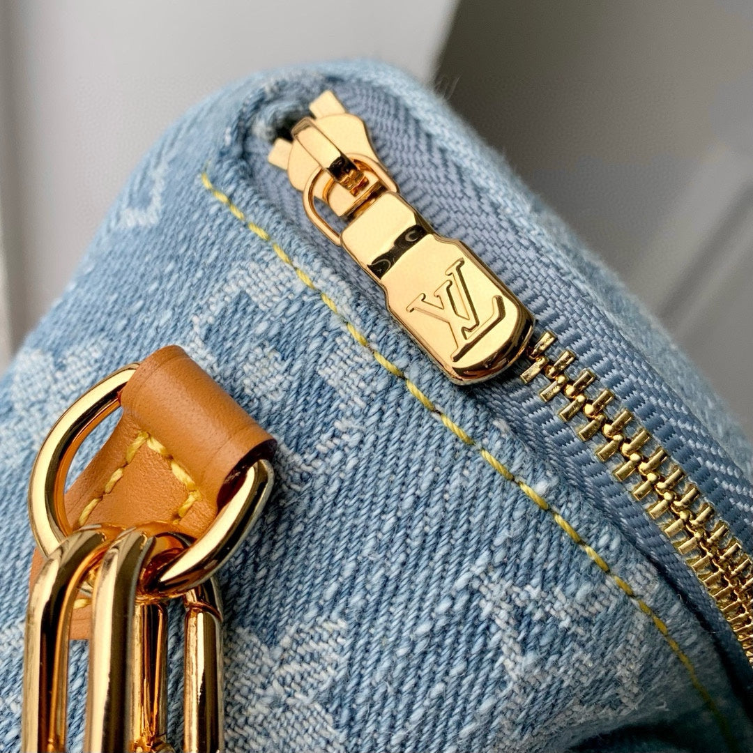 Louis Vuitton Light Blue Denim Monogram Crossbody Bag with Gold Chain Strap