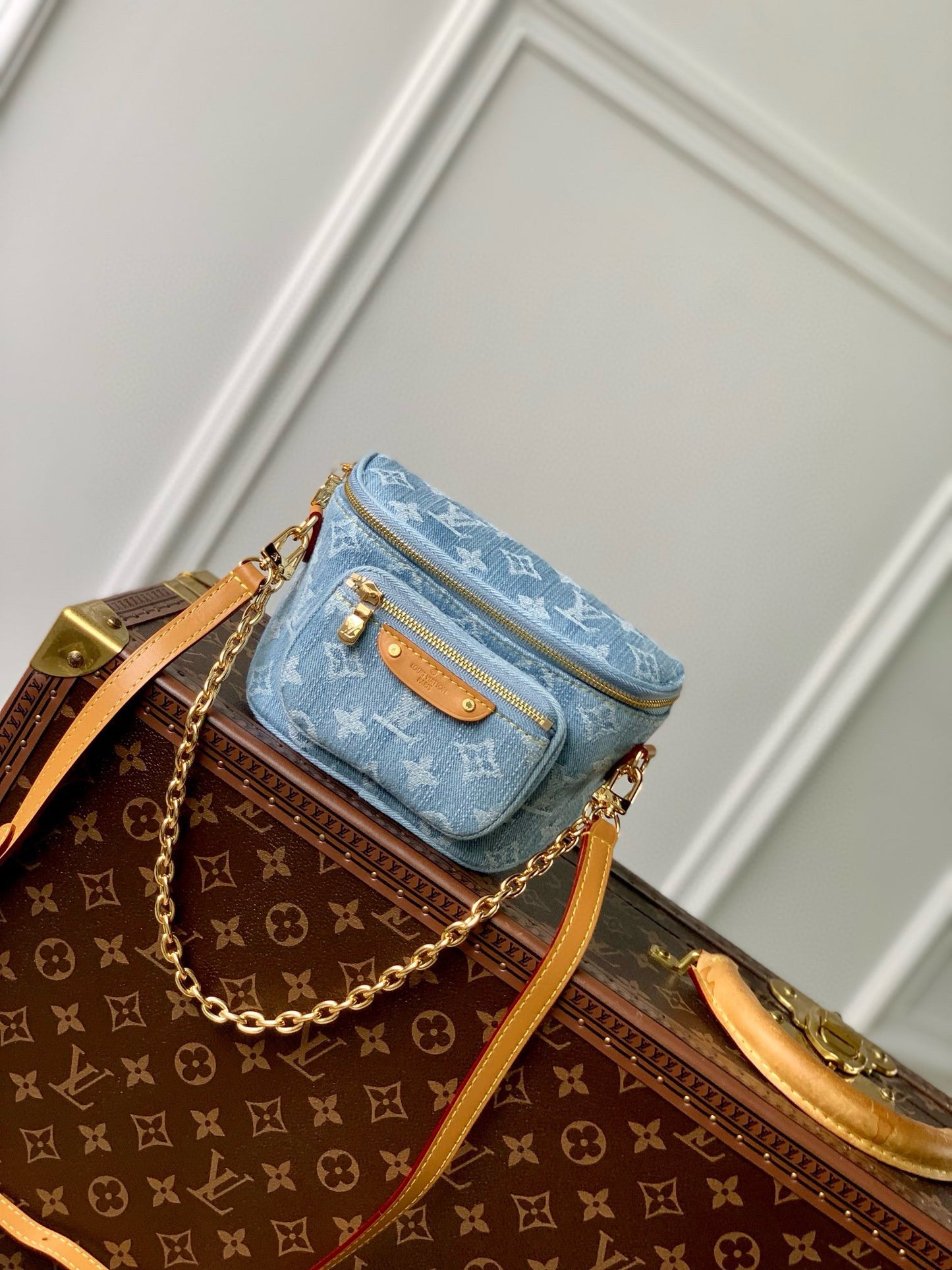 Louis Vuitton Light Blue Denim Monogram Crossbody Bag with Gold Chain Strap