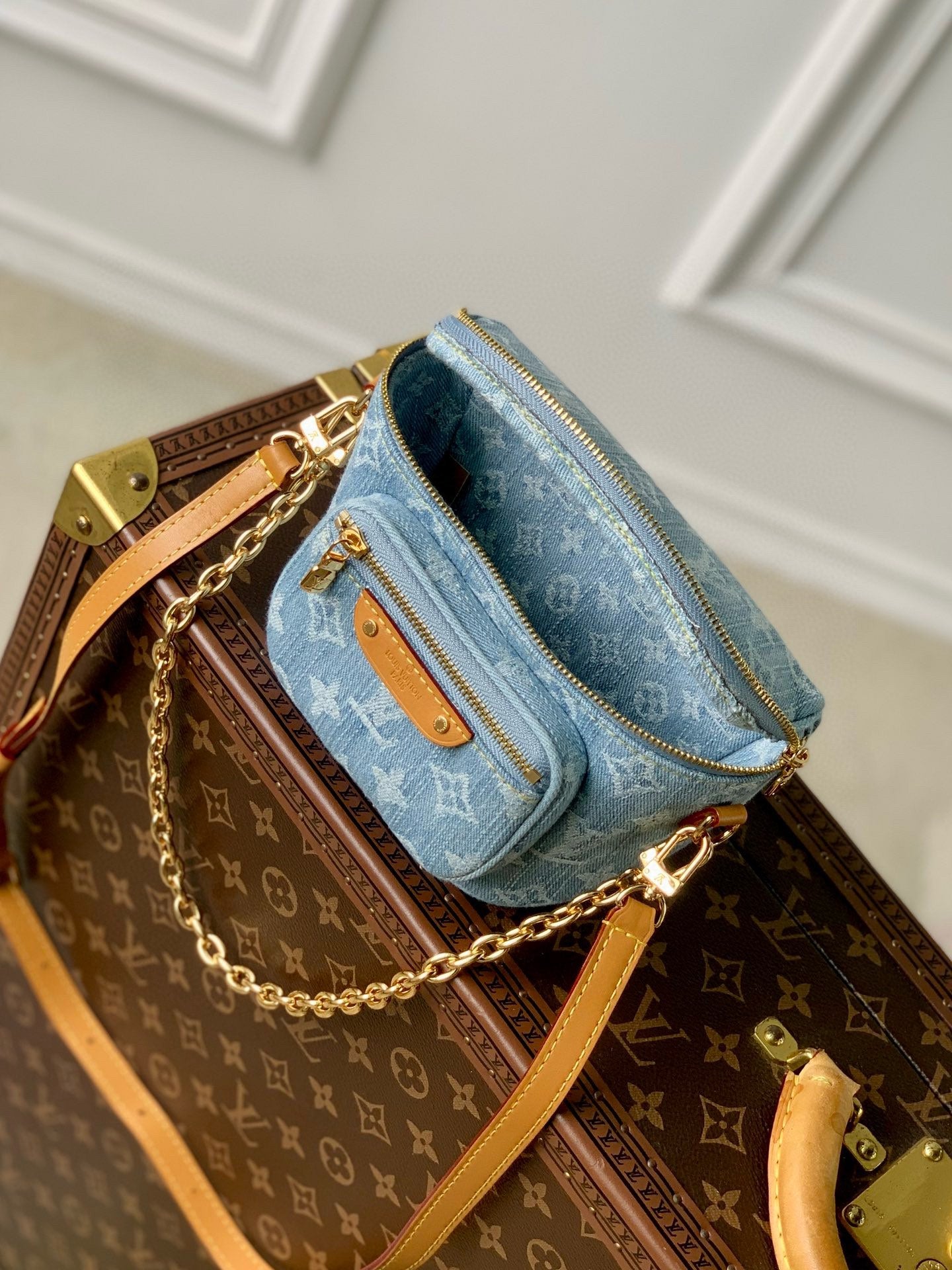 Louis Vuitton Light Blue Denim Monogram Crossbody Bag with Gold Chain Strap
