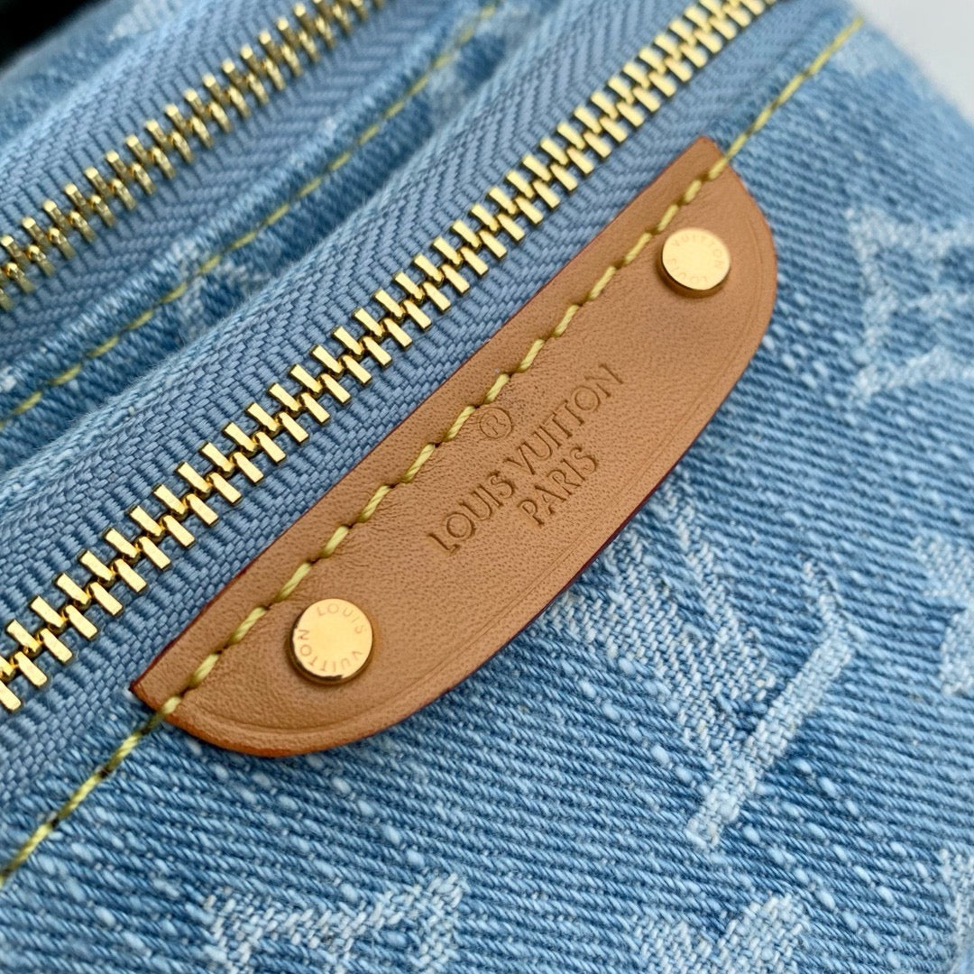 Louis Vuitton Light Blue Denim Monogram Crossbody Bag with Gold Chain Strap
