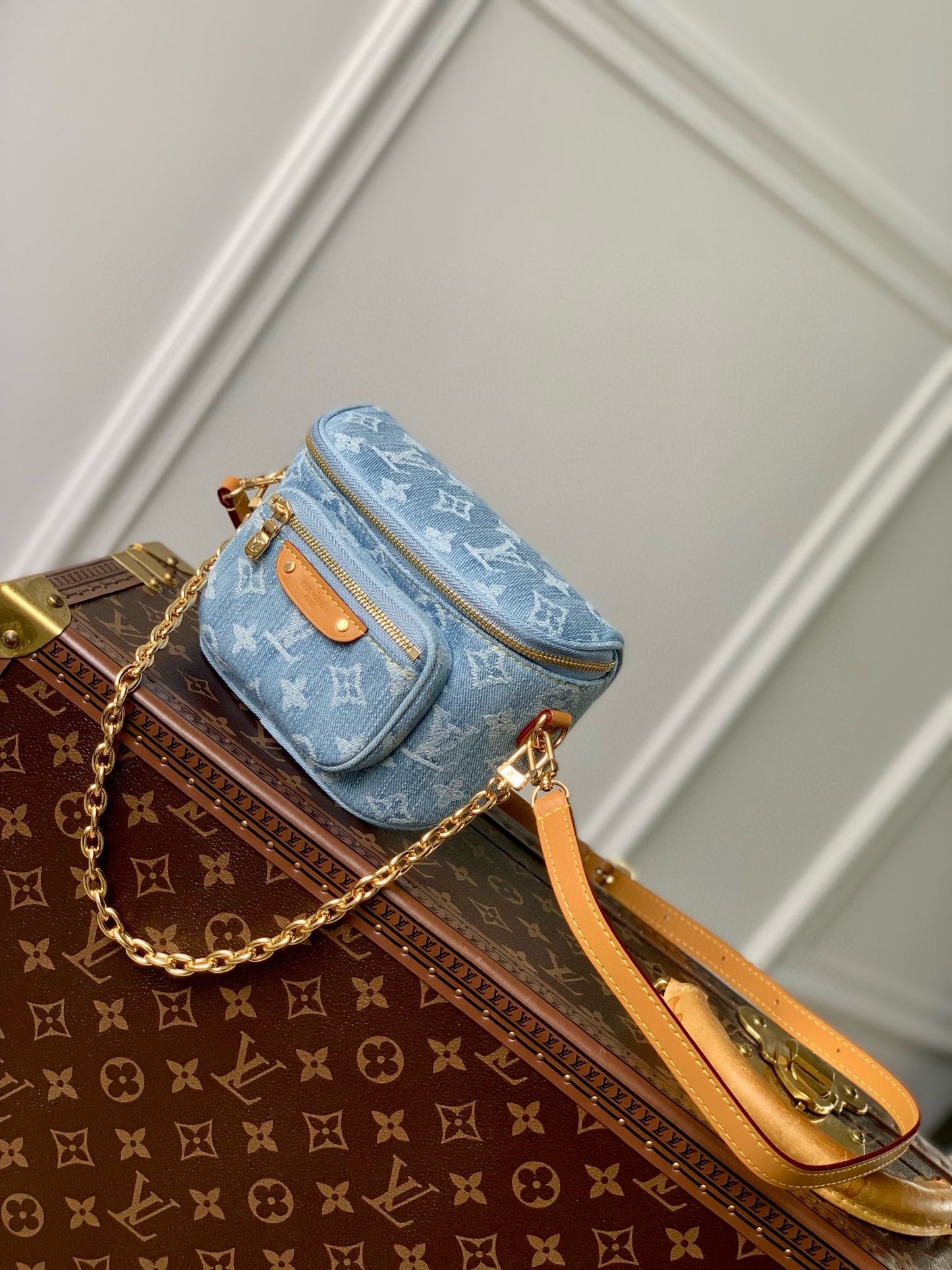 Louis Vuitton Light Blue Denim Monogram Crossbody Bag with Gold Chain Strap
