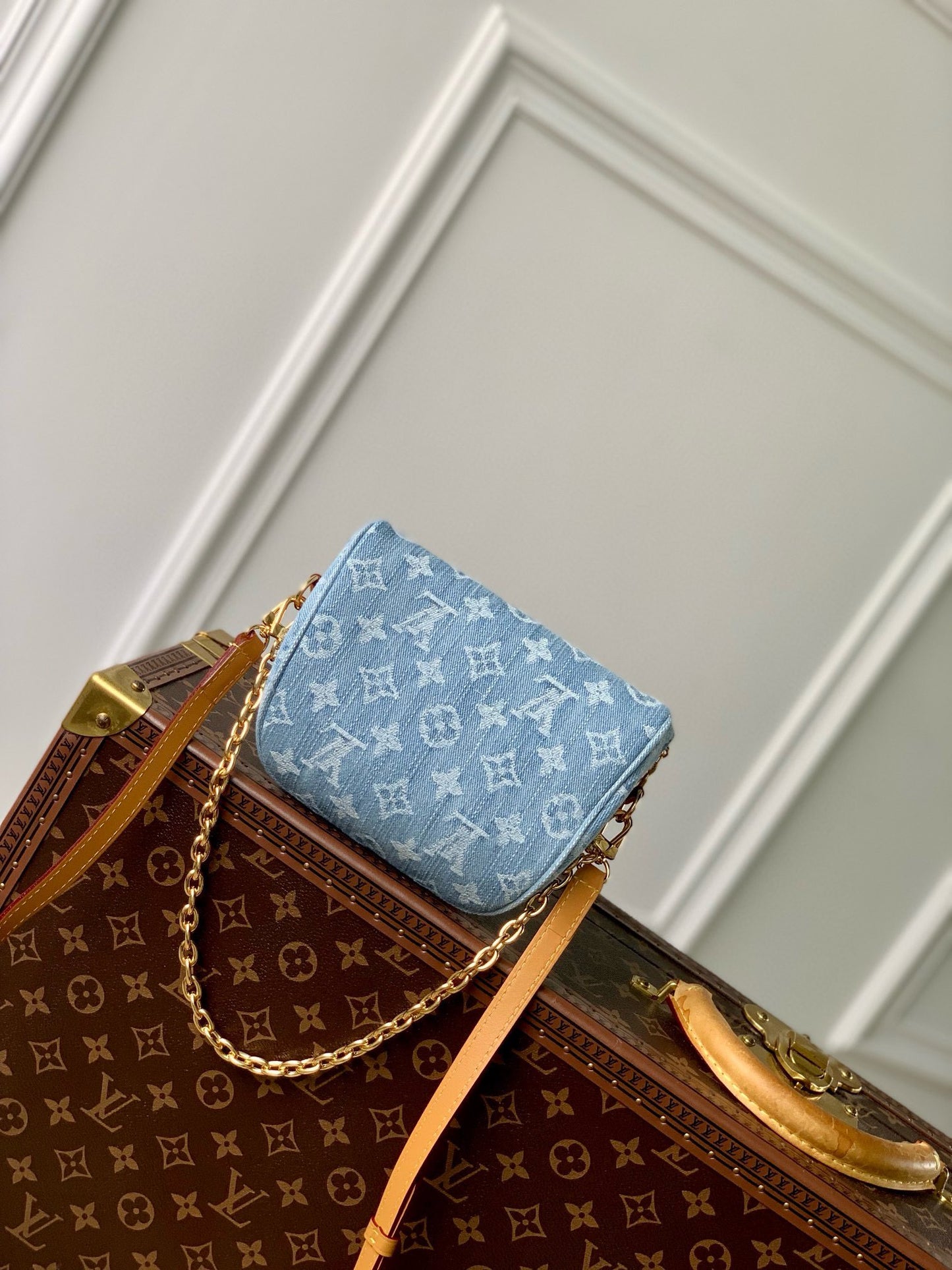 Louis Vuitton Light Blue Denim Monogram Crossbody Bag with Gold Chain Strap