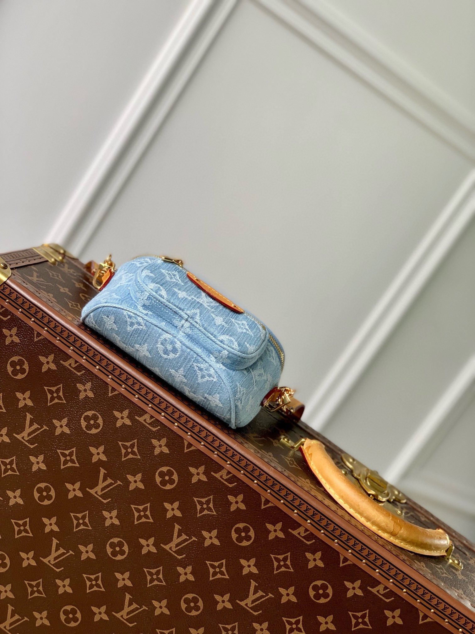 Louis Vuitton Light Blue Denim Monogram Crossbody Bag with Gold Chain Strap