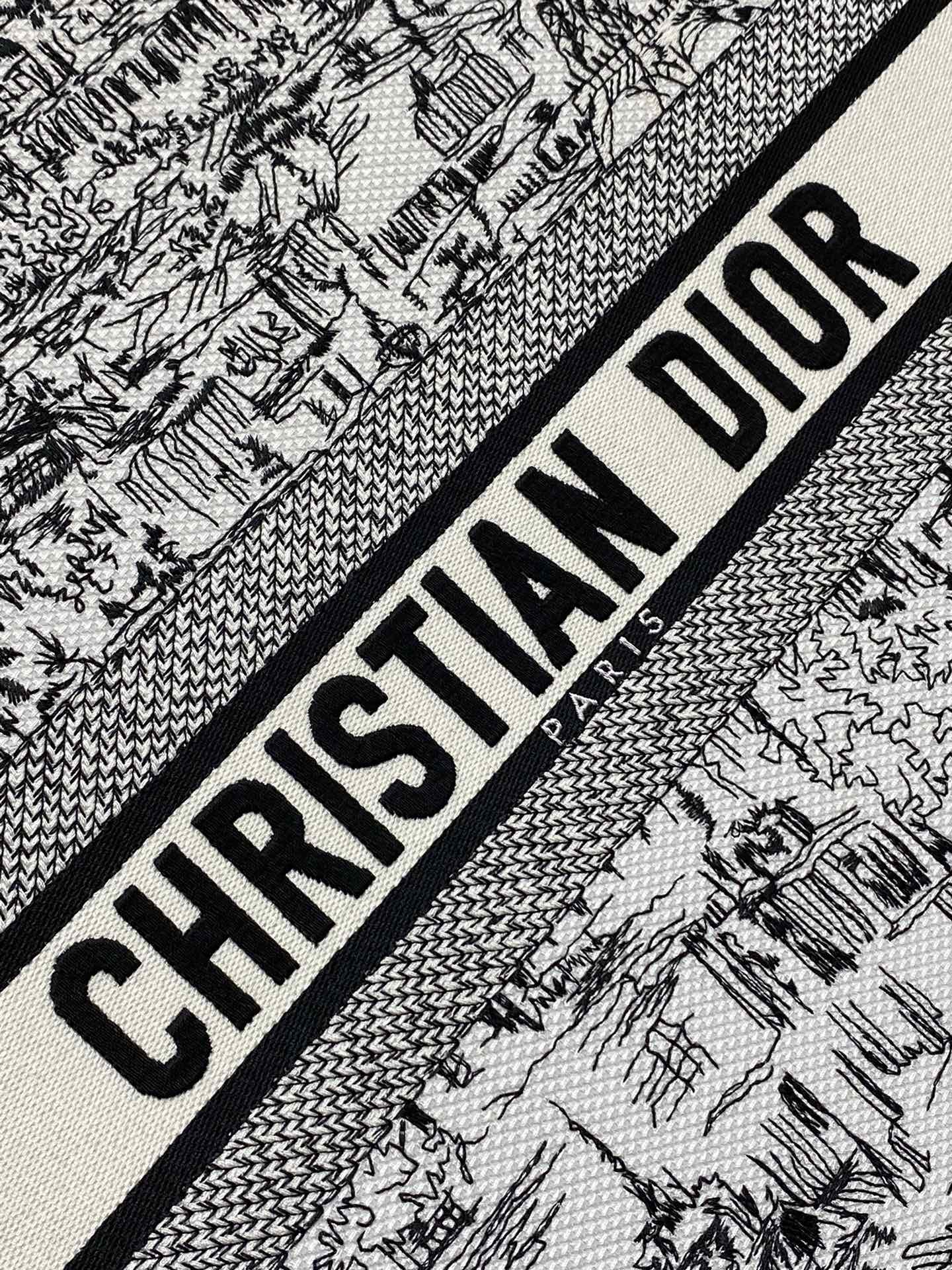 Dior Vintage Black and White Cityscape Illustrated Canvas Tote Bag