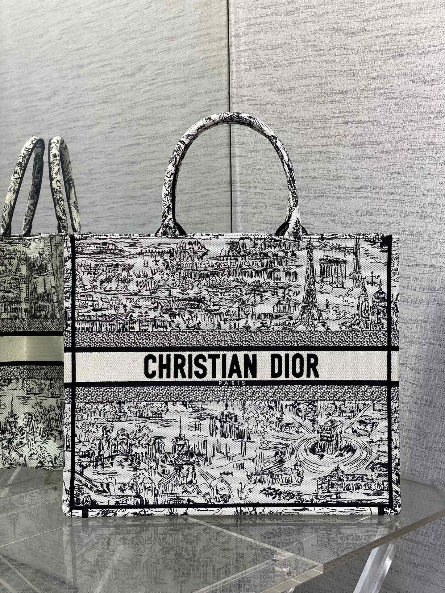 Dior Vintage Black and White Cityscape Illustrated Canvas Tote Bag