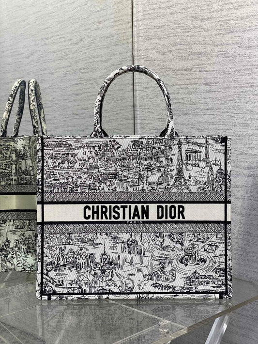 Dior Vintage Black and White Cityscape Illustrated Canvas Tote Bag