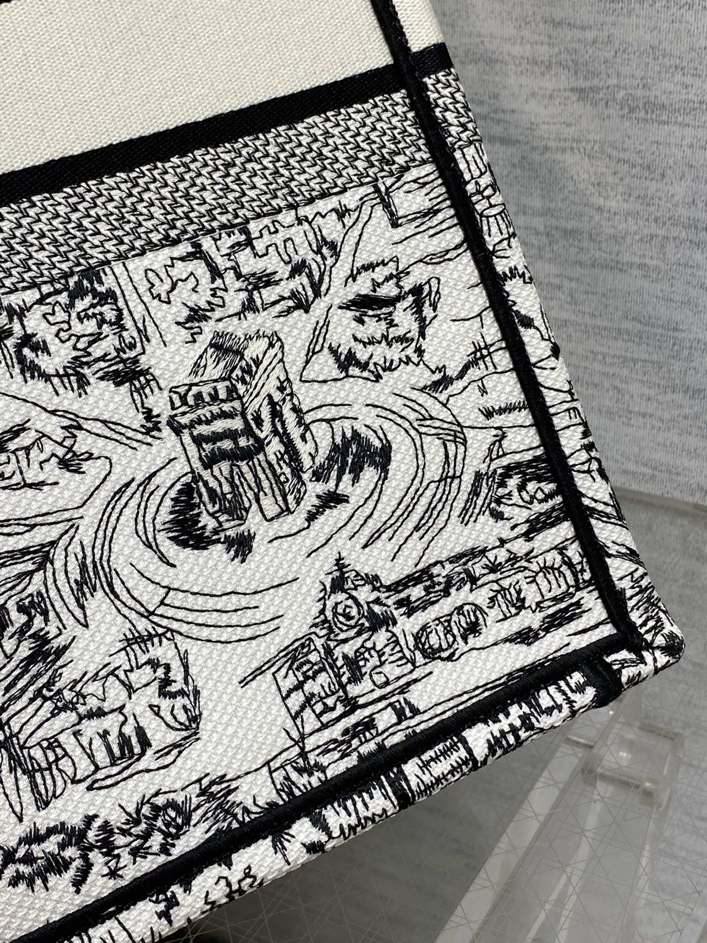 Dior Vintage Black and White Cityscape Illustrated Canvas Tote Bag