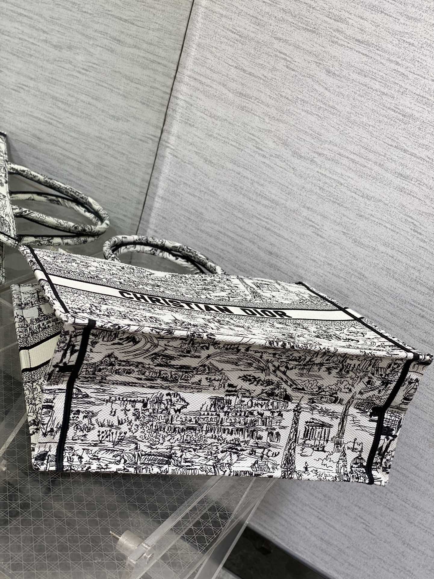 Dior Vintage Black and White Cityscape Illustrated Canvas Tote Bag