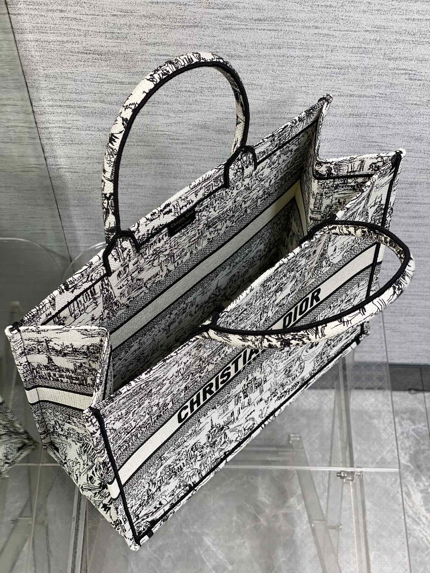 Dior Vintage Black and White Cityscape Illustrated Canvas Tote Bag
