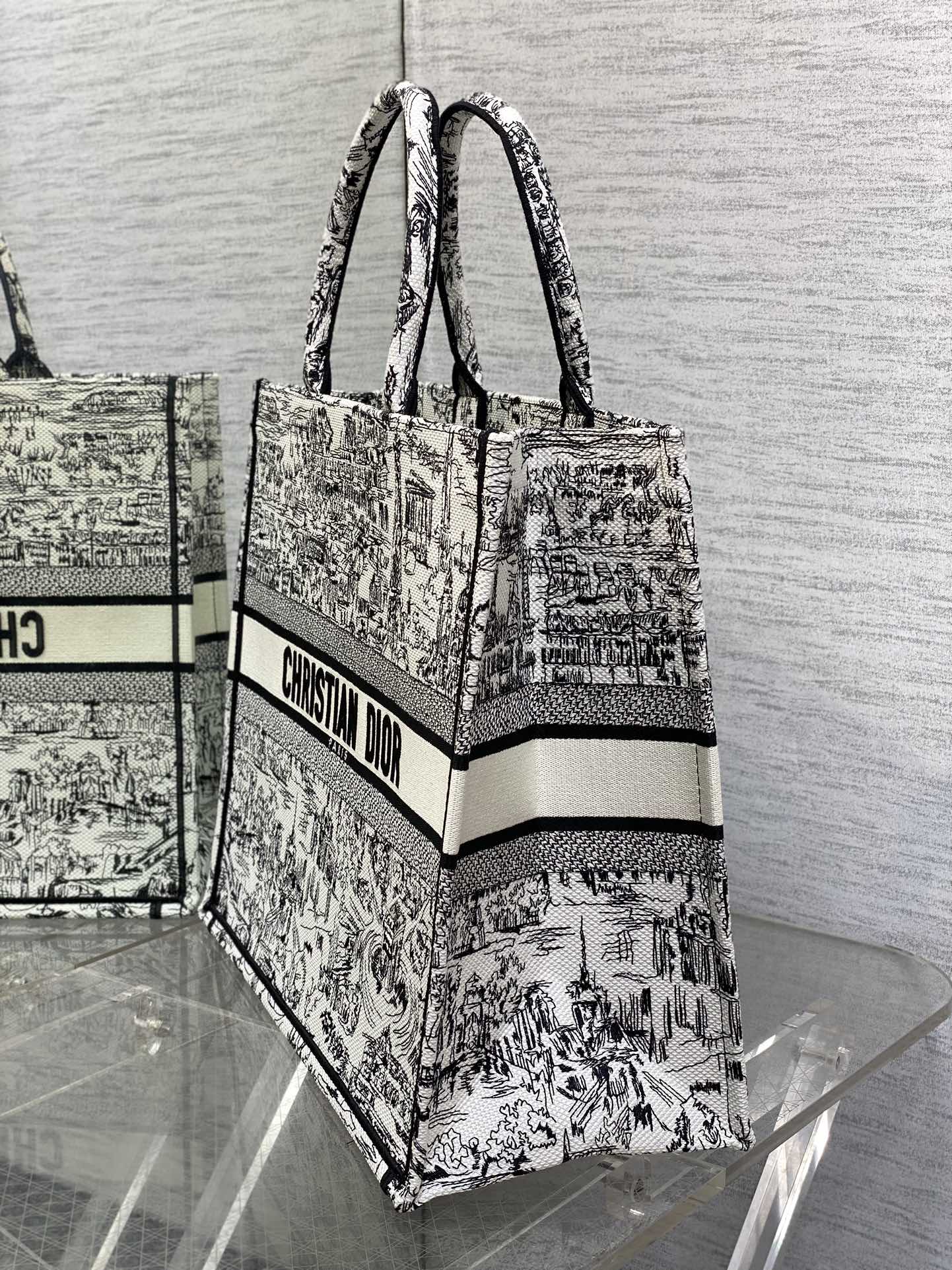 Dior Vintage Black and White Cityscape Illustrated Canvas Tote Bag