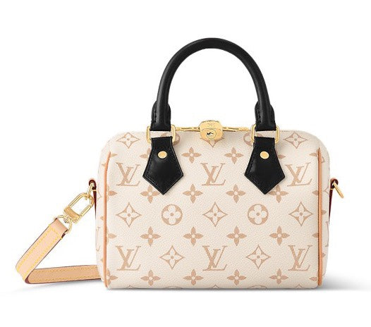 Louis Vuitton Cream Monogrammed Leather Crossbody Satchel Bag with Black Handle