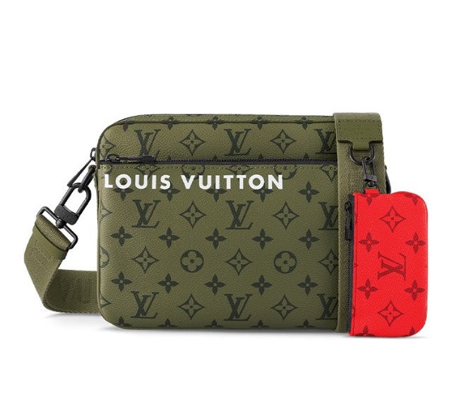 Louis Vuitton Olive Green Monogram Crossbody Bag with Detachable Red Pouch
