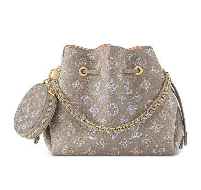 Louis Vuitton Elegant Taupe Monogram Bucket Bag with Gold Chain and Coin Purse