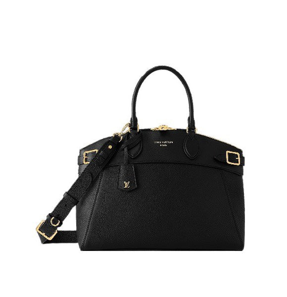 Louis Vuitton Classic Black Leather Satchel Handbag with Gold Hardware