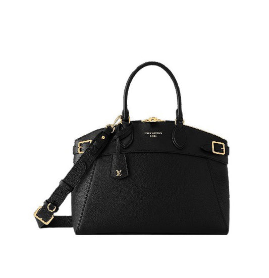 Louis Vuitton Classic Black Leather Satchel Handbag with Gold Hardware
