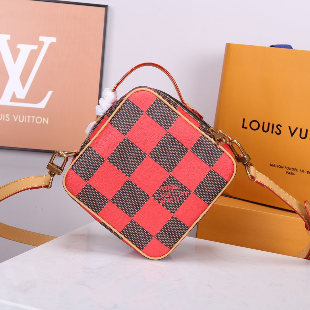 Louis Vuitton Red and Brown Checkerboard Diamond Shaped Crossbody Bag with Leather Trim