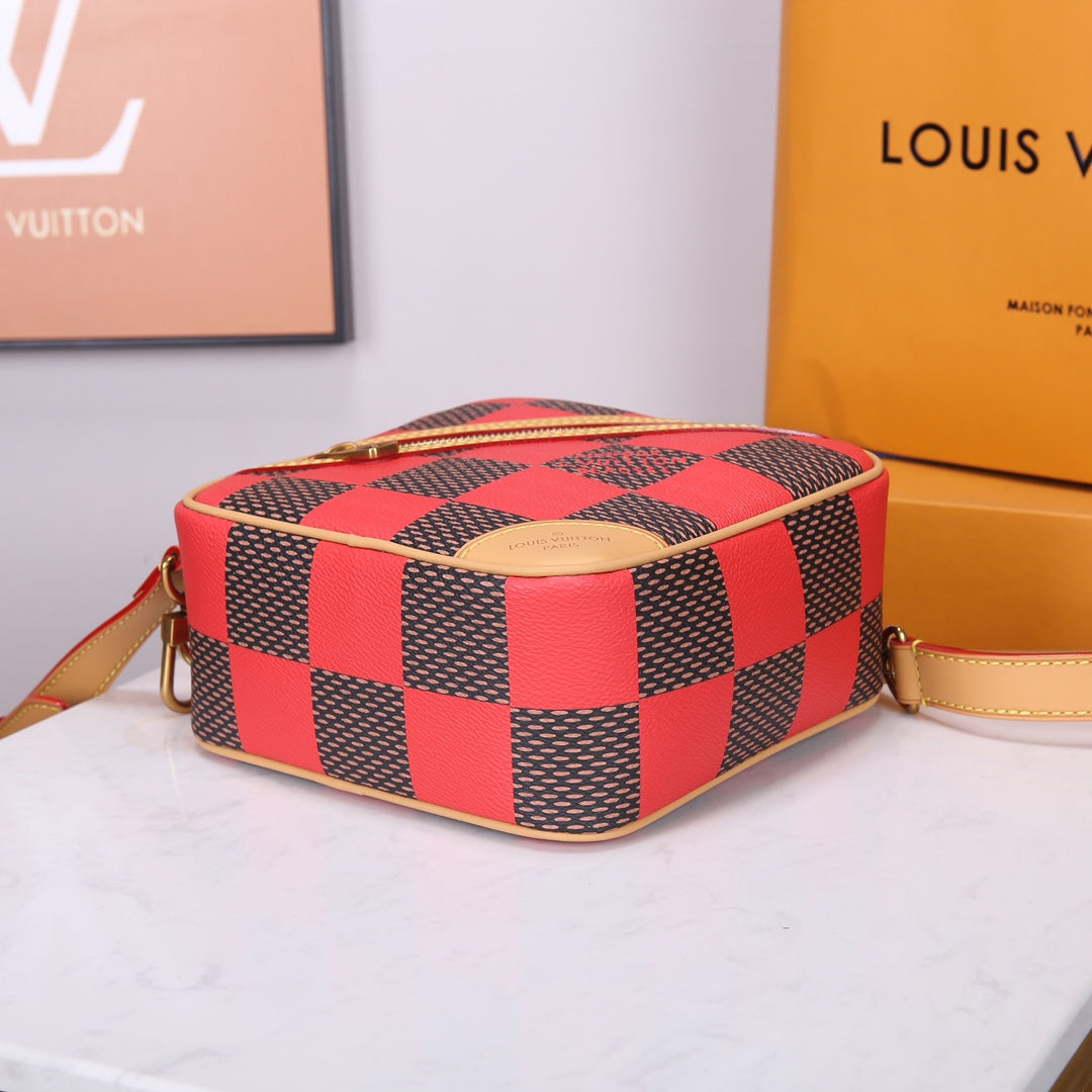 Louis Vuitton Red and Brown Checkerboard Diamond Shaped Crossbody Bag with Leather Trim