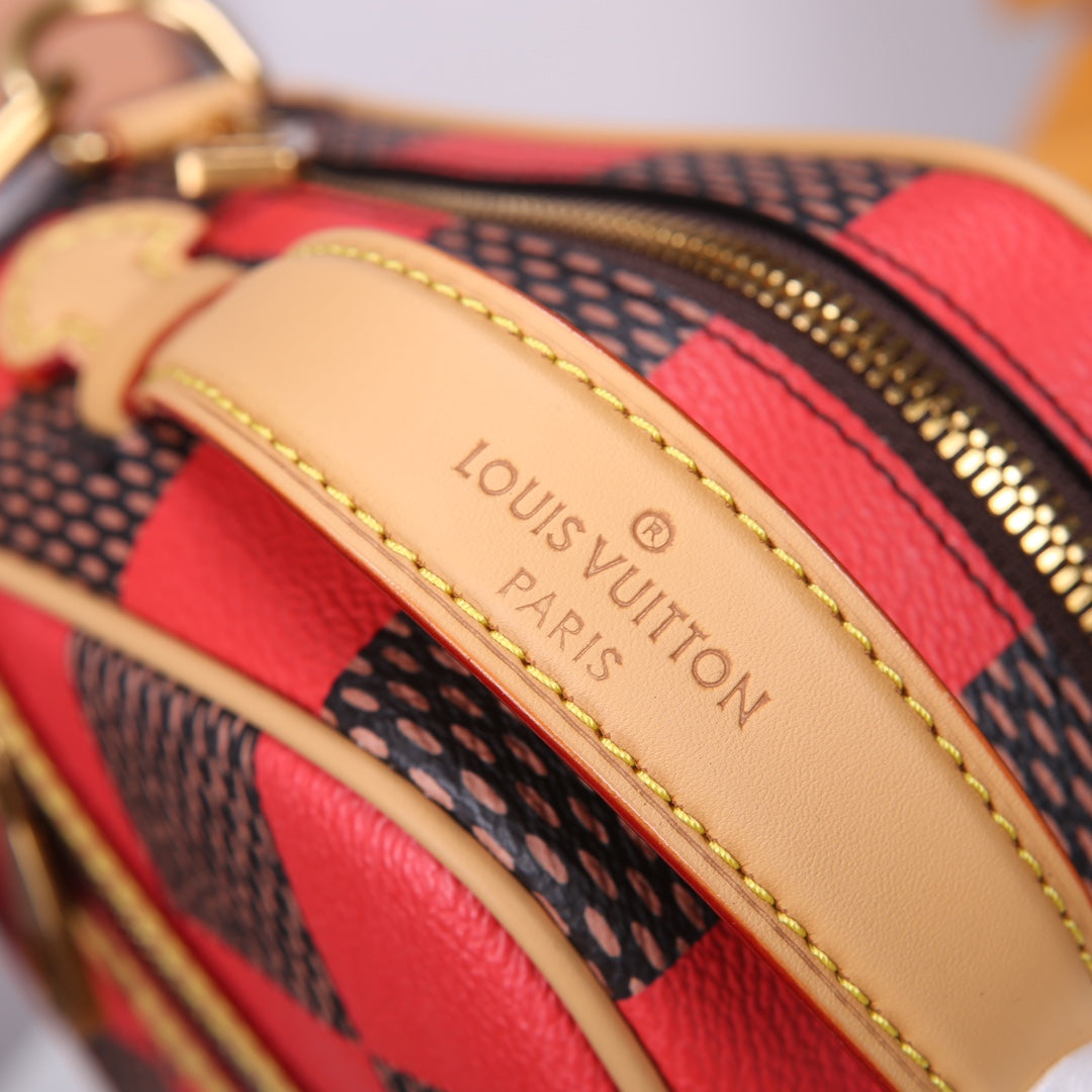 Louis Vuitton Red and Brown Checkerboard Diamond Shaped Crossbody Bag with Leather Trim
