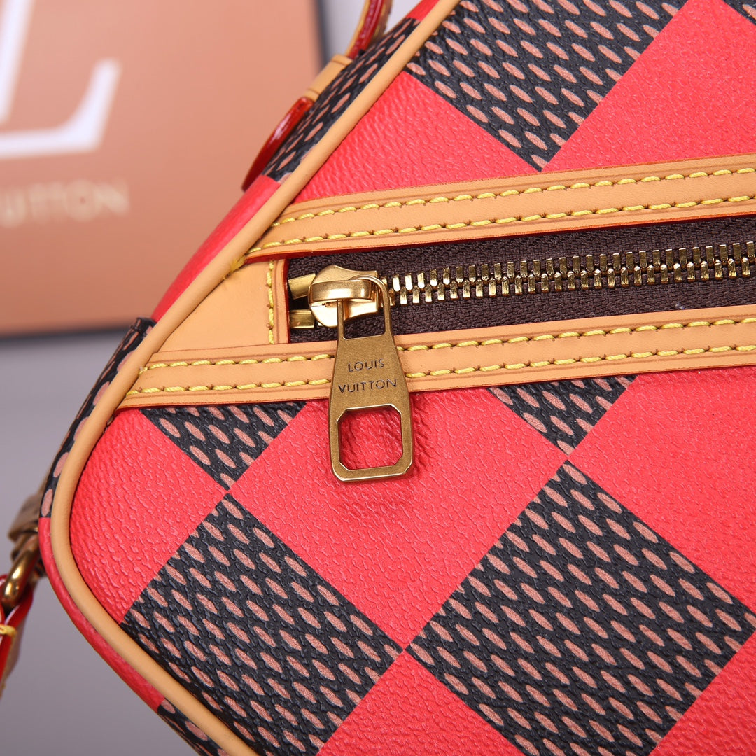 Louis Vuitton Red and Brown Checkerboard Diamond Shaped Crossbody Bag with Leather Trim
