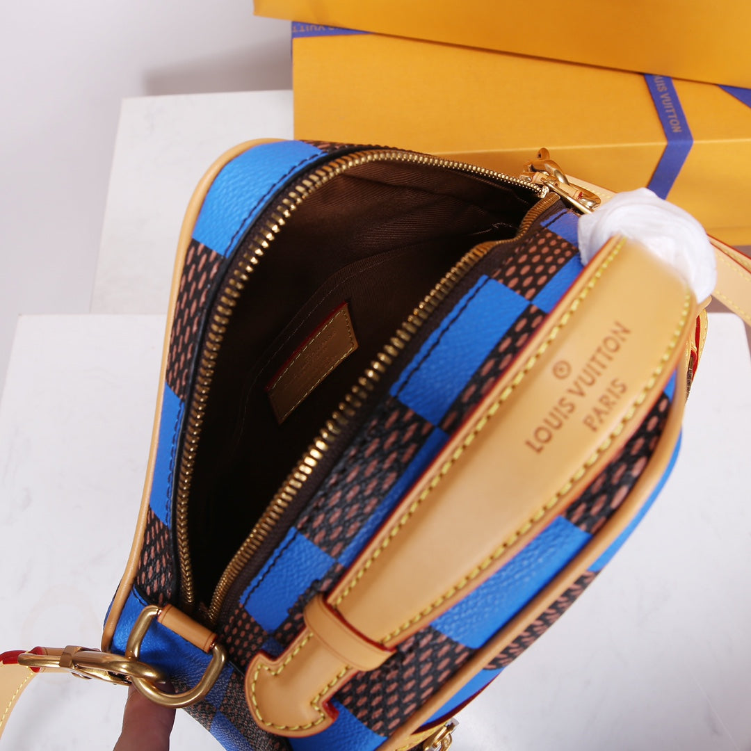Louis Vuitton Blue and Brown Checkered Diamond Shaped Leather Crossbody Bag