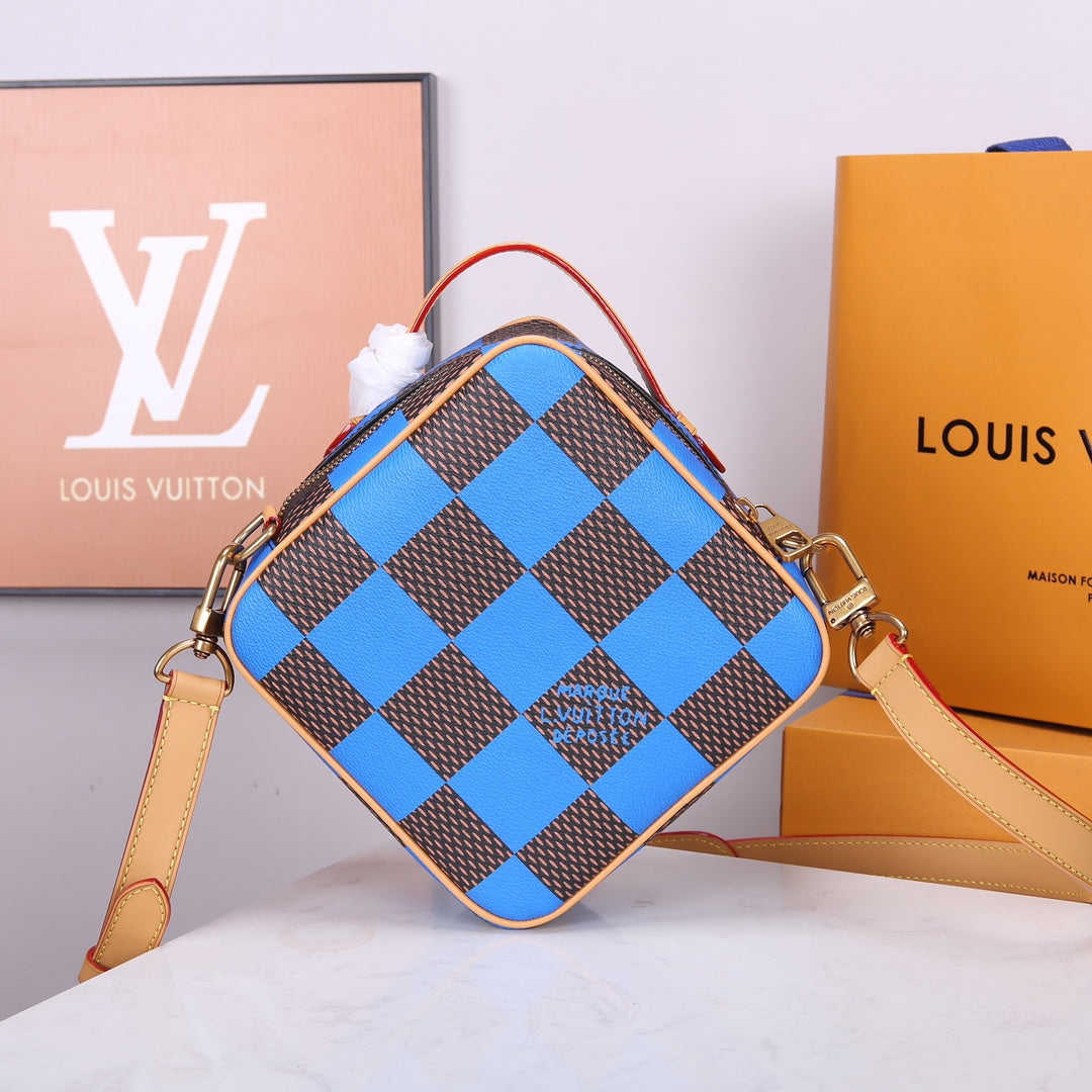 Louis Vuitton Blue and Brown Checkered Diamond Shaped Leather Crossbody Bag