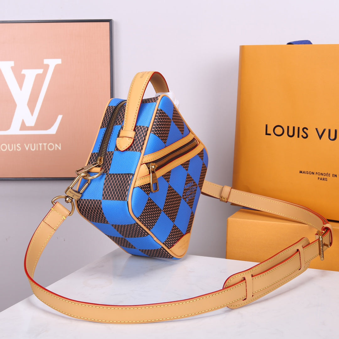 Louis Vuitton Blue and Brown Checkered Diamond Shaped Leather Crossbody Bag