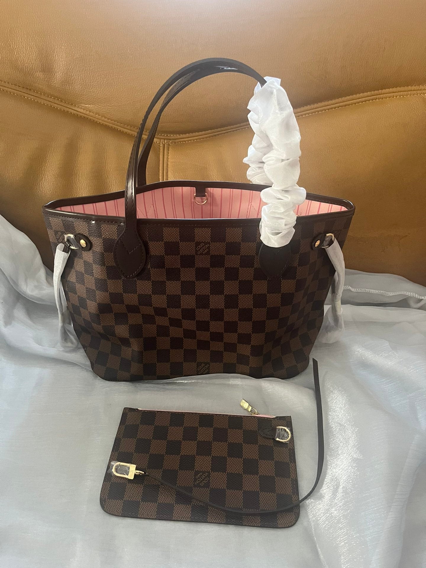Louis Vuitton Classic Checkered Pattern Tote Bag with Pink Interior and Matching Pouch
