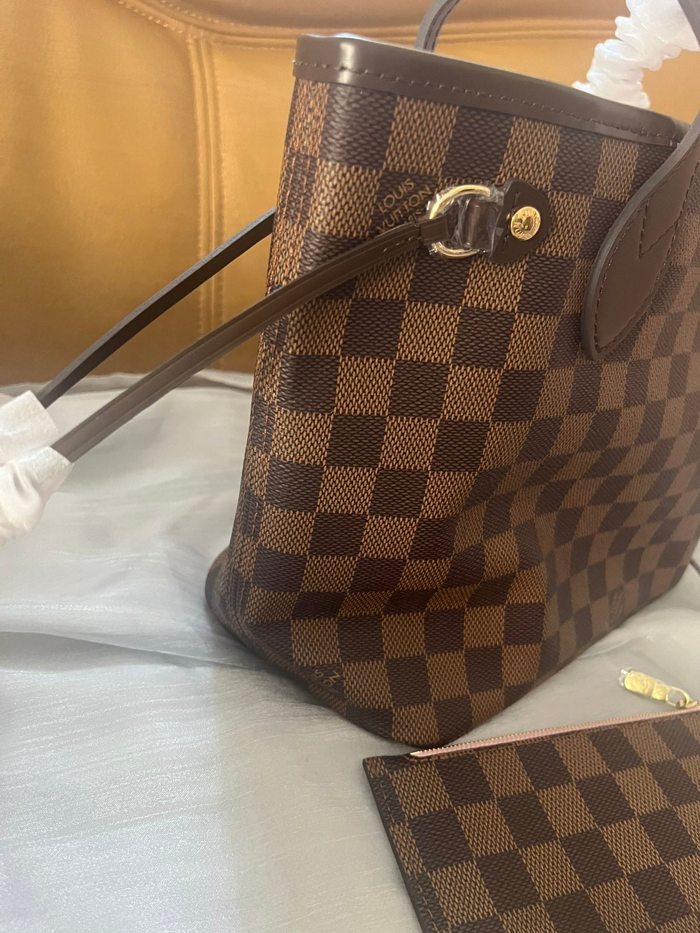 Louis Vuitton Classic Checkered Pattern Tote Bag with Pink Interior and Matching Pouch