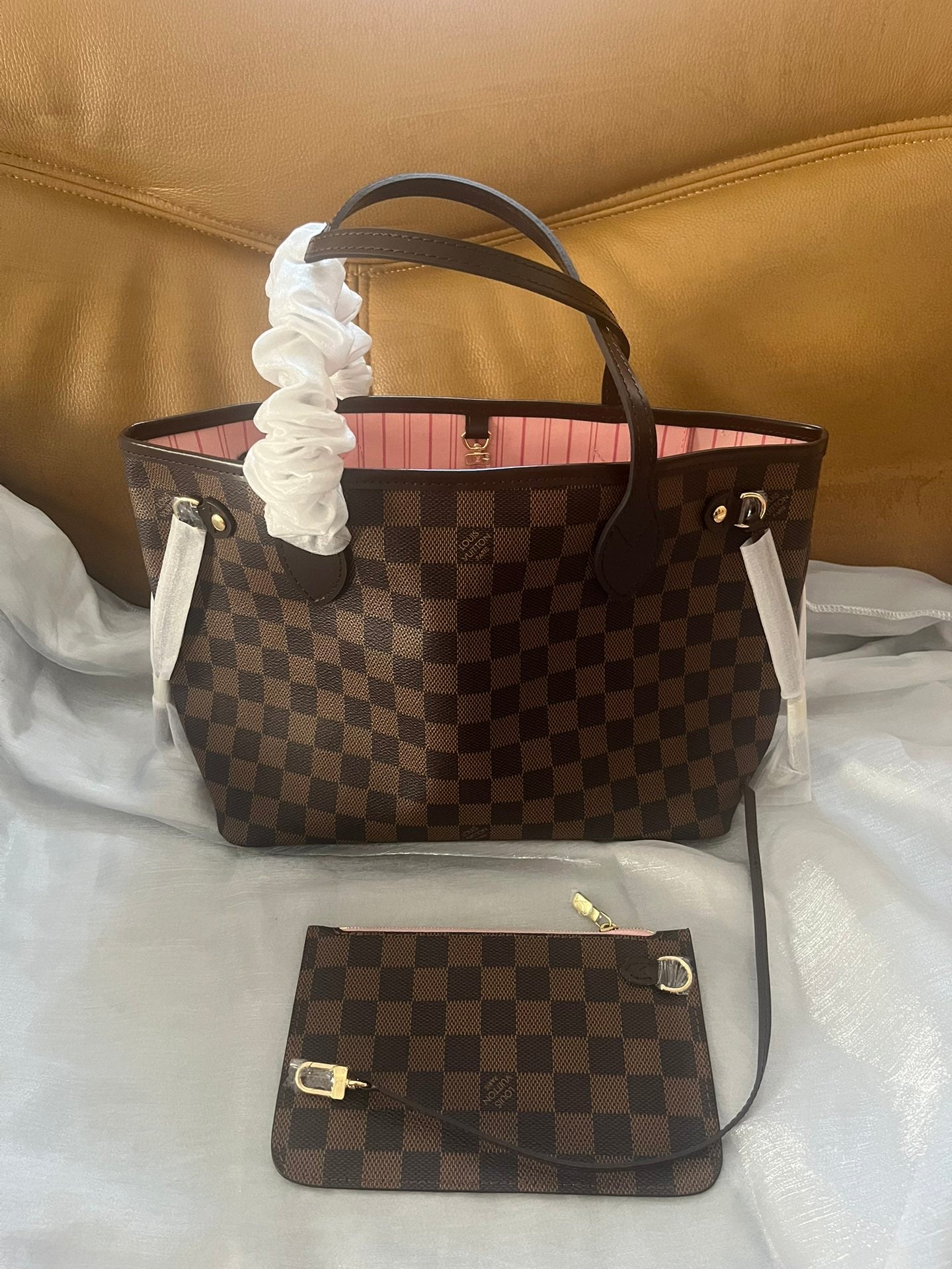Louis Vuitton Classic Checkered Pattern Tote Bag with Pink Interior and Matching Pouch