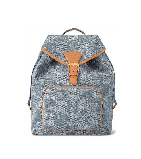 Louis Vuitton Vintage Blue Denim Checkered Backpack with Tan Leather Trim