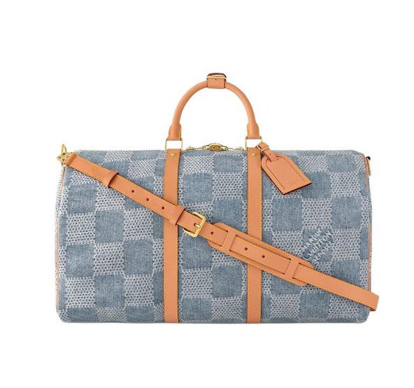Louis Vuitton Blue Checkered Denim Travel Duffle Bag with Leather Trim